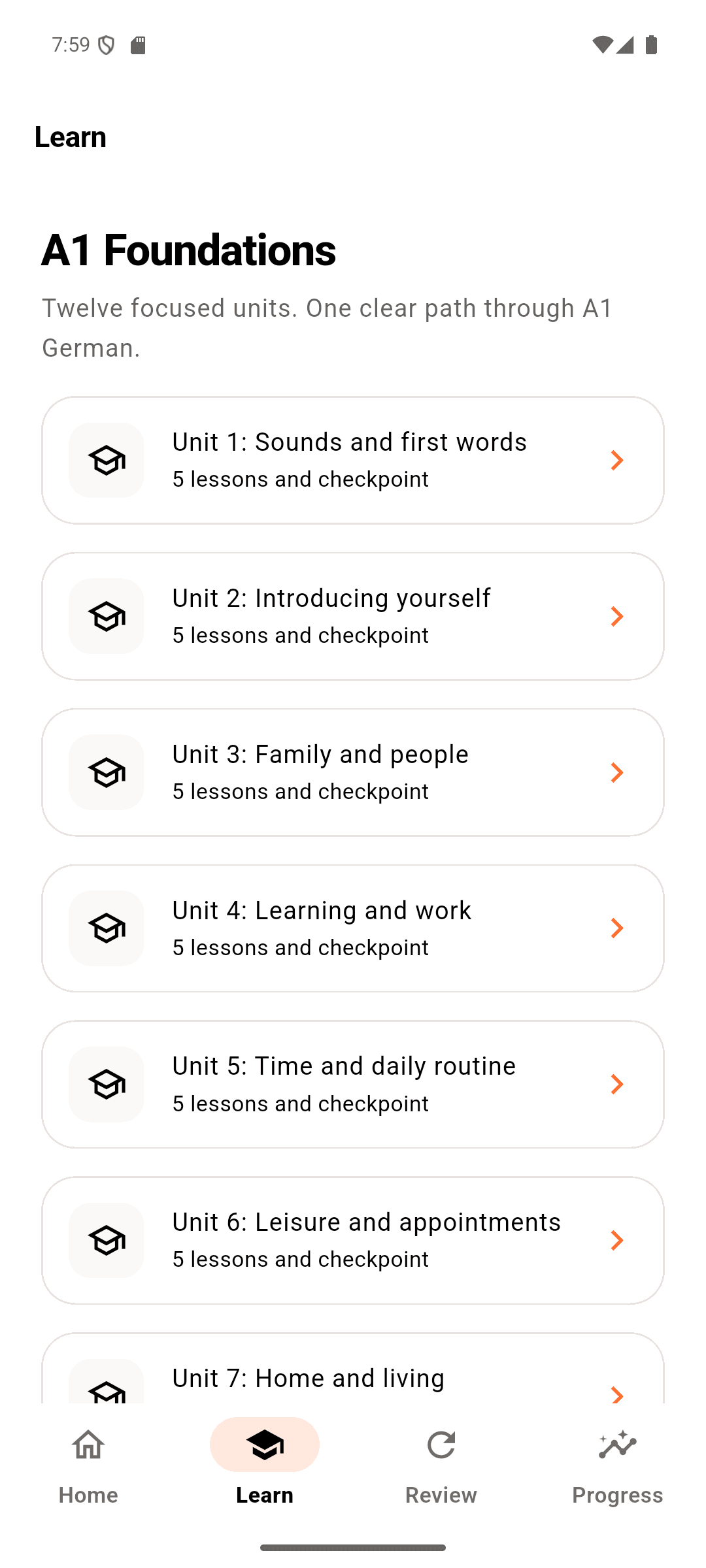Be Deutsch course overview showing A1 Foundations units and lessons