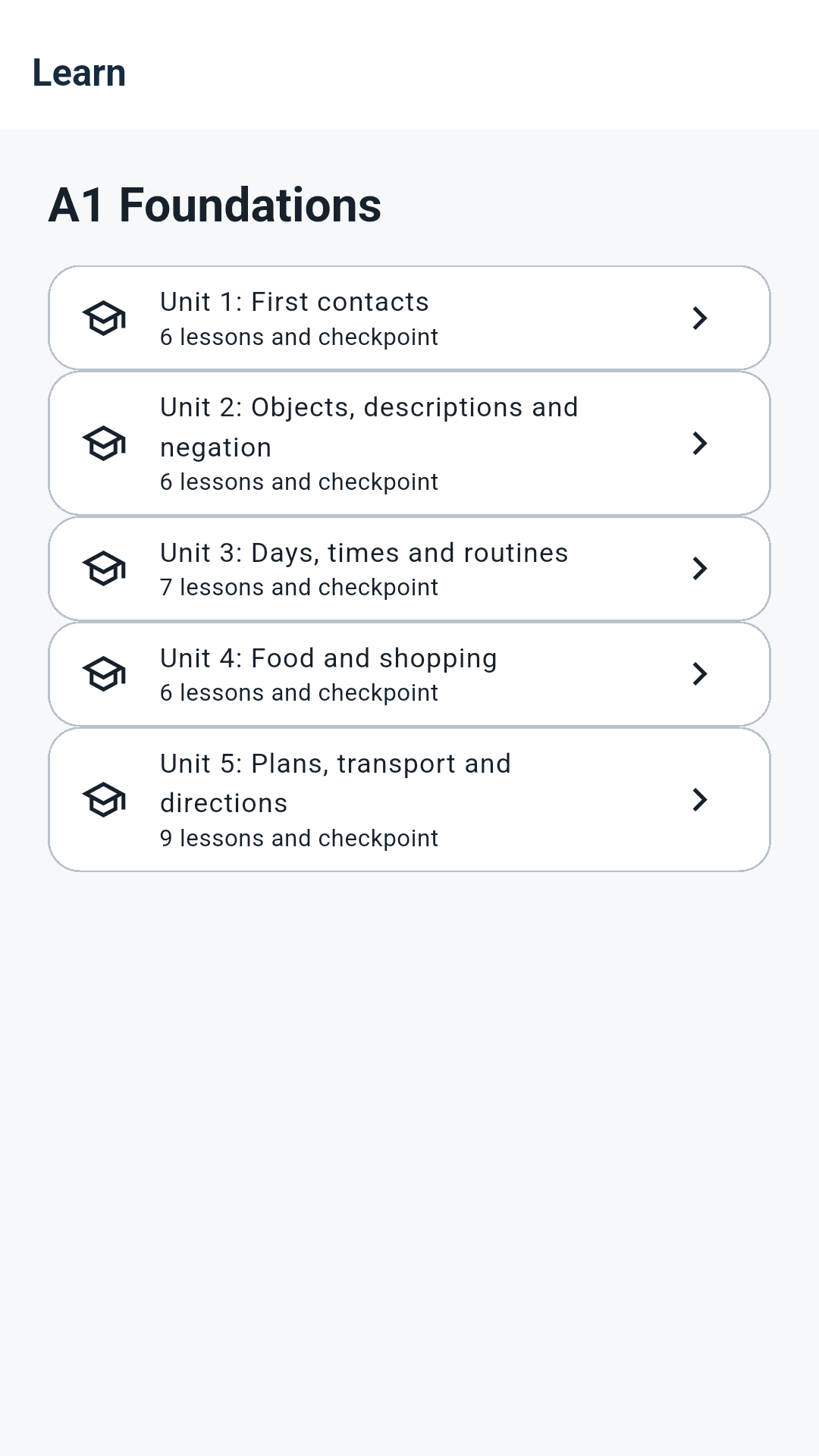 Be Deutsch course overview showing A1 Foundations units and lessons