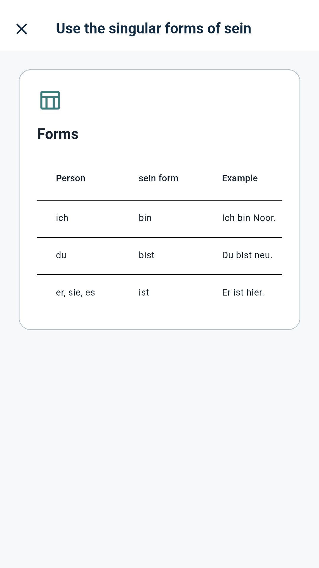 Be Deutsch grammar lesson screen with an explanation and examples