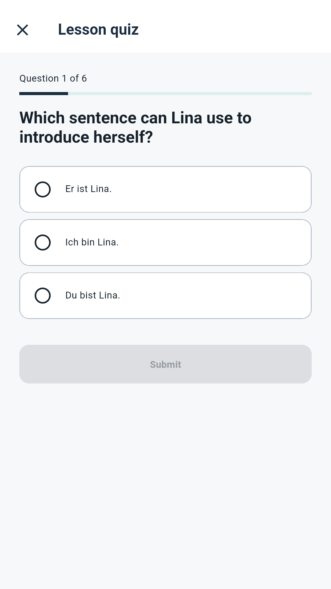 Be Deutsch lesson quiz screen with a multiple-choice question