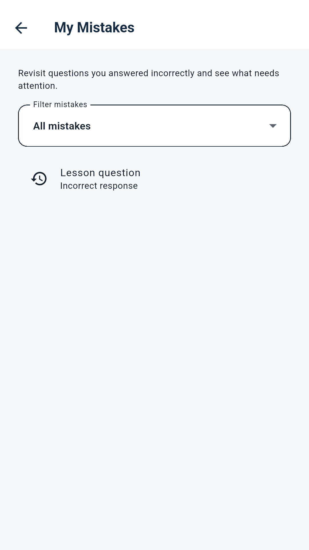 Be Deutsch My Mistakes screen for reviewing incorrect answers
