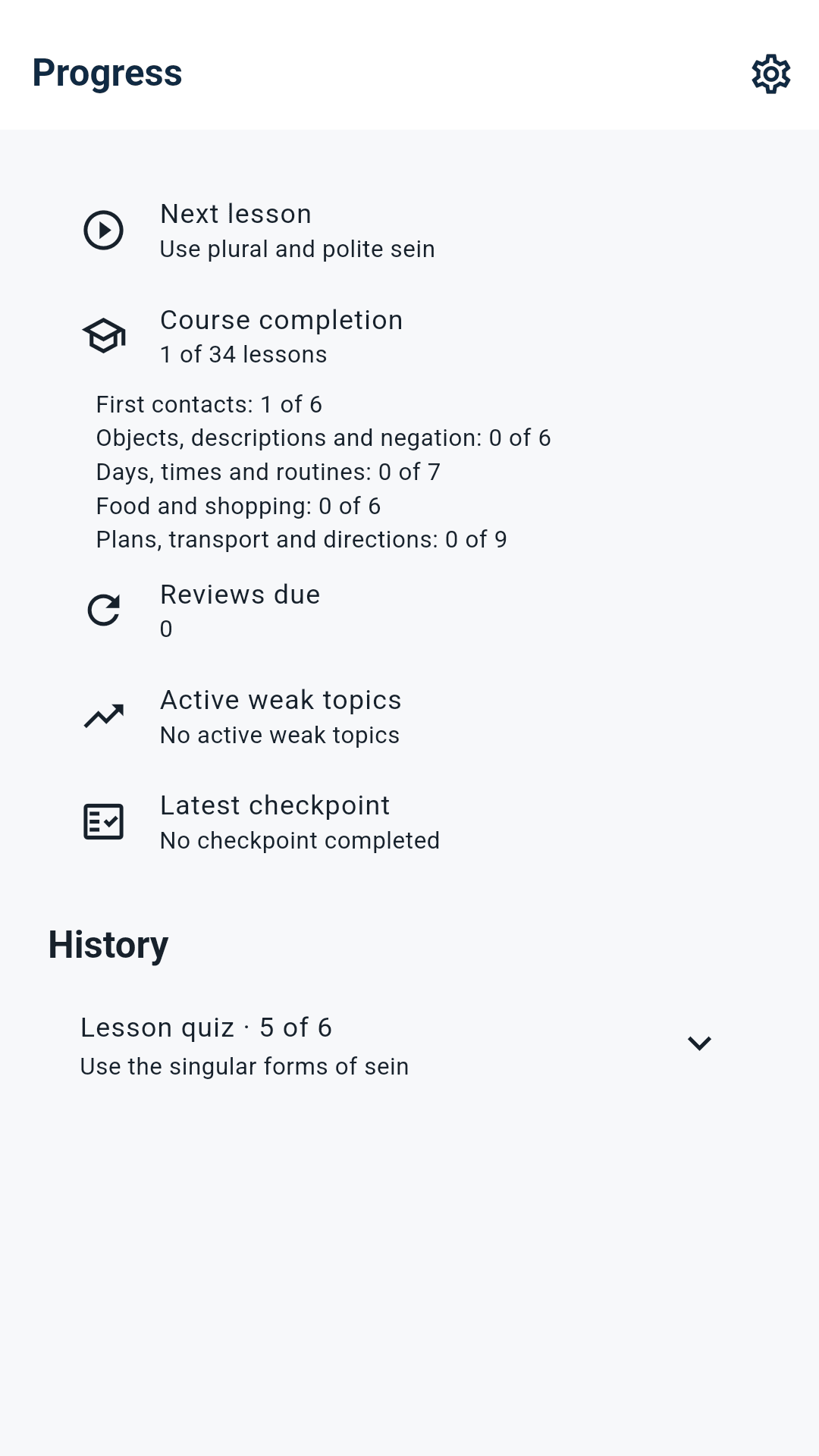 Be Deutsch progress screen showing course learning progress