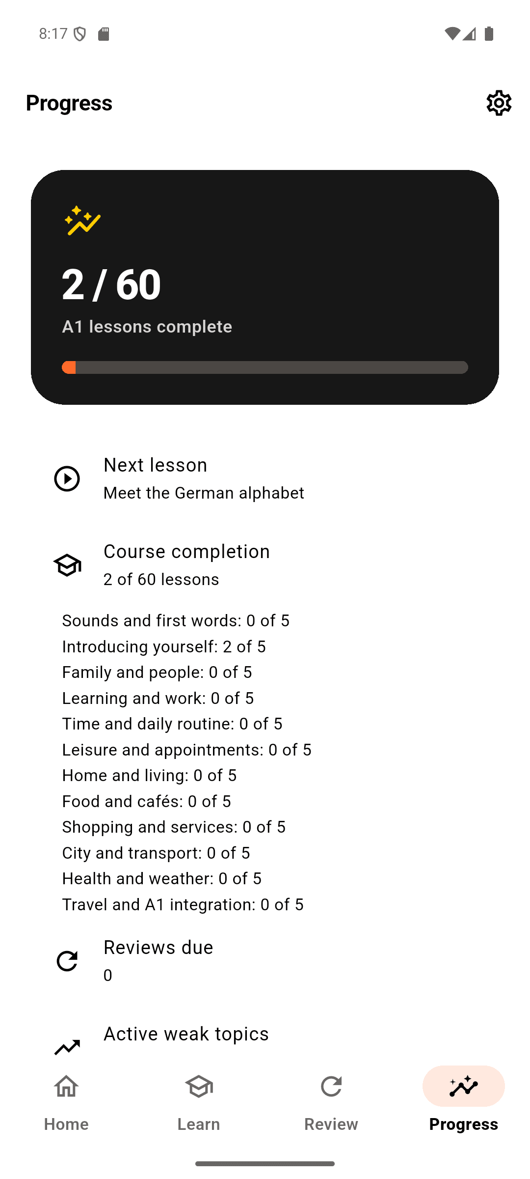 Be Deutsch progress screen showing course learning progress